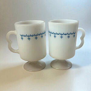 Vintage Fire-King Anchor Hocking Blue Snowflake Milk Glass Pedestal Mugs Set
